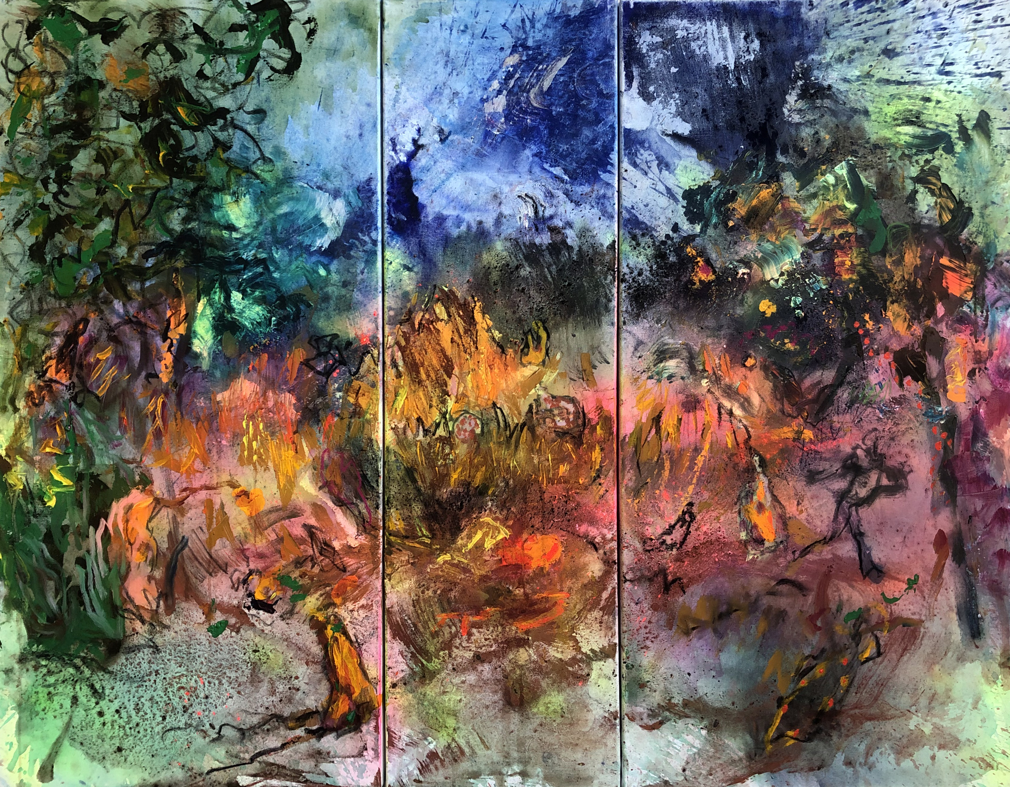 Le feu dans la clairière   100/120 cm triptyque